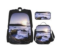 OUSIKA Puerto Rico Beach Print - Mochila casual de 3 piezas, lonchera y estuche para viajes, color negro, talla única, mochila casual, viajes, Black, Talla única, Mochila, casual, viaje