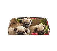 OUSIKA Puppys Pug - Bolsa de maquillaje de piel para lápices, neceser de viaje, bolsa de cosméticos, bolsa de almacenamiento diario para mujer, Silver, Talla única