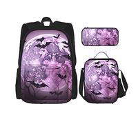 OUSIKA Purple Moon Print - Mochila casual de 3 piezas para almuerzo, estuche para lápices, juego de viaje, color negro, talla única, Black, Talla única