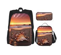 OUSIKA Shell Beach Sunset Print - Mochila casual de 3 piezas para almuerzo, estuche para lápices, juego de viaje, negro, talla única, mochila casual, viajes, Black, Talla única, Mochila, casual, viaje