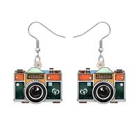 OUSIO Acrílico Cámara Pendientes 80s 90s Videocámara Vintage Colgantes Ligero Joyería Retro Fotografía Para Mujeres Charm Regalos (Orange)