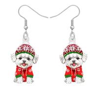 OUSIO Pendientes de acrílico para el día de Navidad, adorables aretes de perro Bichon Frise, disfraz de Papá Noel, mascotas, cachorros, joyería colgante, regalos de Navidad para mujeres amantes de los