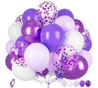 Ousuga Globos Morados Blanco, 60 Piezas 12 Pulgadas Globo Lilas Morados Metálico Confeti Globos Cinta para Cumpleaños Aniversario Boda Niños Baby Shower Bautizo Graduación Jubilación Fiesta Decoración