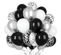 Ousuga Globos Negro Blanco Plata Metalizado 50 Piezas 12 Pulgadas con Confeti y 2 Cintas, para Bodas Cumpleaños Navidad Año Nuevo Aniversario Decoración