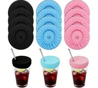 Ousuwo Paquete de 12 fundas reutilizables para bebidas, 4 en negro, azul cielo y rosa, tapas protectoras para mantener las bebidas a salvo de insectos, polvo y derrames, ideal para cócteles, fiestas