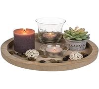 Out of the blue Plato de Madera de Color Natural, Redondo, con 2 portavelas de Cristal, 2 Velas, 2 Velas y Piedras Decorativas, Home, Naturaleza, 23 cm
