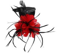 Outanaya Diadema Sombrero de Copa Mini Negro Pluma Roja, Tejido Ligero y Cómodo para Fiestas y Bodas Diseño Elegante y Clásico