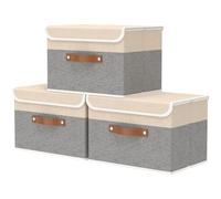 OUTBROS Caja de Almacenamiento plegable, grande Cesta con tapa, Contenedores de ropa de lino para ropa, para toallas, libros, 45 x 30 x 30 cm, Gris/Beige, 3 unidades
