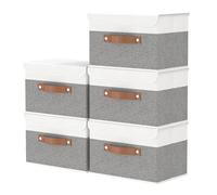OUTBROS Cajas Almacenaje Lavable Plegable, Cesta de Tela, Juegos de Organizadoras con Tapa y Asa, Cubos de Almacenamiento, Contenedores de Tela para Ropa, 38 x 25 x 25 cm, 5 unidades, Blanco/Gris