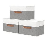 OUTBROS Cajas Almacenaje Lavable Plegable, Cesta de Tela, Juegos de Organizadoras con Tapa y Asa, Cubos de Almacenamiento, Contenedores de Tela para Ropa, 45 x 30 x 30 cm, 3 unidades, Gris/Blanco