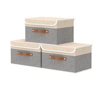 OUTBROS Cajas Almacenaje Lavable Plegable, Cesta de Tela, Juegos de Organizadoras con Tapa y Asa, Cubos de Almacenamiento, Contenedores de Tela para Ropa, 33 x 23 x 20 cm, 3 unidades, Beige/Gris