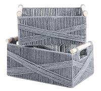 OUTBROS Cesta de Almacenamiento de Dos Piezas, Contenedores Decorativa con Mango de Madera, Canasta Tejida con Cuerda de Papel Grande, Caja con Mimbre, Gris