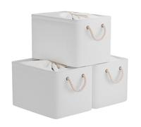 OUTBROS Juego de 3 Caja de Almacenaje plegable, 38 x 28 x 26 cm Cesta de Almacenamiento grande de tela con asas de transporte y cubierta de cordón para toallas, ropa, Blanco puro
