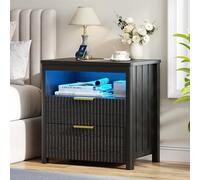 OUTDOOR DOIT LED Mesitas de Noche - para Compartimento Oculto,Mesillas de Noches Dormitorio con Iluminación Automática,Estación de Carga,Mesita de Noche Negro 2 Cajones,60 Cm de Ancho