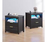 OUTDOOR DOIT Set de 2 LED Mesitas de Noche - para Compartimento Oculto,Mesillas de Noches Dormitorio con Iluminación Automática,Estación de Carga,Mesita de Noche Negro 2 Cajones,60 Cm de Ancho