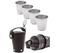 Outdoor Saxx 4 vasos de viaje irrompibles de acero inoxidable, 70 ml, con funda de piel con mosquetón