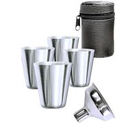 Outdoor Saxx - Juego de 4 vasos de acero inoxidable, 4 vasos de 30 ml y embudo, en estuche de cuero, accesorios ideales para frascos de cadera irrompibles