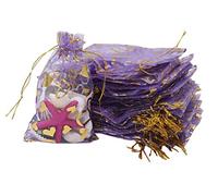 Outdoorfly - 100 bolsas de organza para regalo de 10 x 15 cm, con cordón para joyas, diseño de corazones, para bodas, fiestas y fiestas de bebé, Hk1003-100pcs Corazón Lila 4x6