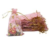 Outdoorfly - 100 bolsas de organza para regalo de 10 x 15 cm, con cordón para joyas, diseño de corazones, para bodas, fiestas y fiestas de bebé, 100 piezas corazón rosa