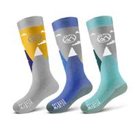 OutdoorMaster Calcetines de esquí para niños, mezcla de lana merino, diseño sobre la pantorrilla, Gris polvo, montañas azules, verde bosque, X-Small