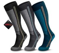 OutdoorMaster Thermolite - Calcetines de esquí de lana merina, calcetines térmicos de compresión para hombre y mujer, para clima frío, Negro+gris+cian, Large