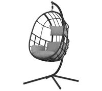 Outfit Sillón Colgante de Ratán Con Cojín Gris Desenfundable, Colección Jerry, Soporte Incluido - Hasta 120 Kg