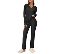 outfit spring Pijama Mujer 2 Piezas Canelé Conjunto Loungewear Invierno con Camiseta de Manga Larga Cuello en V y Pantalón Ancho con Bolsillos Ropa de Casa Cálida y Suave Tallas S-2XL S Negro