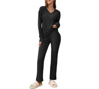 outfit spring Pijama Mujer 2 Piezas Canelé Conjunto Loungewear Invierno con Camiseta de Manga Larga Cuello en V y Pantalón Ancho con Bolsillos Ropa de Casa Cálida y Suave Tallas S-2XL