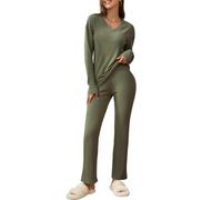 outfit spring Pijama Mujer 2 Piezas Canelé Conjunto Loungewear Invierno con Camiseta de Manga Larga Cuello en V y Pantalón Ancho con Bolsillos Ropa de Casa Cálida y Suave Tallas S-2XL