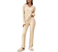 outfit spring Pijama Mujer 2 Piezas Canelé Conjunto Loungewear Invierno con Camiseta de Manga Larga Cuello en V y Pantalón Ancho con Bolsillos Ropa de Casa Cálida y Suave Tallas S-2XL