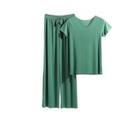 OutFyt Conjunto De Pijamas para Mujer, Cuello Redondo, Top De Manga Corta, Pantalones Largos, 2 Piezas, Ropa De Estar por Casa Suave, Conjunto De Pijamas De Verano con Cordón, Conjuntos De Salón D