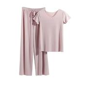 OutFyt Conjunto De Pijamas para Mujer, Cuello Redondo, Top De Manga Corta, Pantalones Largos, 2 Piezas, Ropa De Estar por Casa Suave, Conjunto De Pijamas De Verano con Cordón, Conjuntos De Salón D