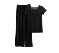 OutFyt Conjunto De Pijamas para Mujer, Cuello Redondo, Top De Manga Corta, Pantalones Largos, 2 Piezas, Ropa De Estar por Casa Suave, Conjunto De Pijamas De Verano con Cordón, Conjuntos De Salón D