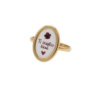 OUTLETISSIMO® Anillo de mujer ajustable con placa ovalada blanca, inscripción Dedica Ti Voglio Bene y detalle flor dorada ET329