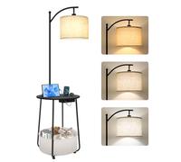 OUTON Lampara de Pie con Mesa Redonda, Mesas Auxiliares Laterales con Estación de Carga (USB y Type-C), 3 Temperaturas de Color, Mesita de Noche con Cesta de Tela para Dormitorio, Sala, Negro