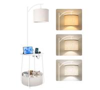 OUTON Lampara de Pie con Mesa Redonda, Mesas Auxiliares Laterales con Estación de Carga (USB y Type-C), 3 Temperaturas de Color, Mesita de Noche con Cesta de Tela para Dormitorio, Sala, Blanco Marfil