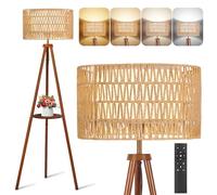 OUTON Lampara de Pie con Trípode de Madera Maciza con Pantallas Dobles de Ratán & Lino, Lámpara de Pie con Control Remoto, Regulable & 4 Temperaturas de Color, para Sala de Estar, Dormitorio