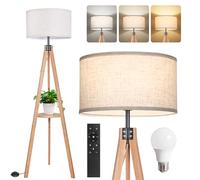 OUTON Lampara de Pie Madera Tripode Regulable, Lámpara de Pie con Control Remoto, 4 Temperaturas de Color, 1H Temporizador, Lámpara de Estante con Pantalla de Lino para Salon y Dormitorio (Madera)
