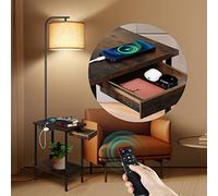 OUTON regulable lámpara de pie con mesa, puerto USB y cajón, lámpara mando a distancia 4 temperaturas de color, mesa auxiliar para sala de estar, cabecera lectura dormitorio negro cajón