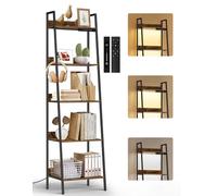 OUTONLIFE Estantería de Escalera Pequeña de 5 Niveles con Luces LED, Control Táctil y Remoto, 3 Temperaturas de Color, Librería Esquinera Alta Regulable de Metal y Madera para Salón y Dormitorio