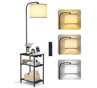 OUTONLIFE Lámpara de Pie con Mesa y Estante, LED Regulable con Mando a Distancia, 3 Temperaturas de Color, Mesa Auxiliar con Función de Carga y Espacio de Almacenamiento para Salón o Dormitorio