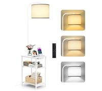 OUTONLIFE Lámpara de Pie con Mesa y Estante, LED Regulable con Mando a Distancia, 3 Temperaturas de Color, Mesa Auxiliar con Función de Carga y Espacio de Almacenamiento para Salón o Dormitorio