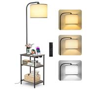 OUTONLIFE Lámpara de Pie con Mesa y Estante, LED Regulable con Mando a Distancia, 3 Temperaturas de Color, Mesa Auxiliar con Función de Carga y Espacio de Almacenamiento para Salón o Dormitorio