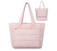 Outplea Expandible Bolso Tote Mujer con Cremallera, Acolchado Ligero Bolsa Shopper Tote Bag para Portátil 15,6", Grande Bolsos Bandolera para Trabajo Universidad Viaje, Rosa
