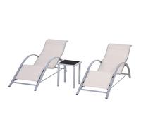 Outsunny 2 Tumbonas de Jardín 59x169x66 cm con Mesa de Café 41x41x45 cm de Vidrio Templado Reposabrazos para Patio Piscina Terraza Aire Libre Beige