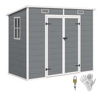 Outsunny 8'x4' Caseta Exterior Impermeable Resina con Suelo Gris | Con suelo, ventana, puertas bloqueables, rejillas, todoclima, cobertizo jardín, patio trasero, césped