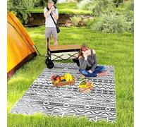 Outsunny Alfombra de Exterior 182x274 cm Alfombra Reversible con Patrón de Geométrico de Cenefa Impermeable Bolsa de Transporte para Terraza Balcón Patio Camping Playa Gris Oscuro