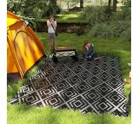 Outsunny Alfombra de Exterior 182x274 cm Alfombra Reversible con Patrón Geométrico de Rombos Impermeable Bolsa de Transporte para Terraza Balcón Patio Camping Playa Negro