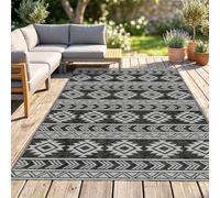 Outsunny Alfombra de Exterior 182x274 cm, Alfombra Reversible Polipropileno con Patrón Geométrico, Impermeable, Anti-UV para Terraza, Balcón, Patio, Camping, Viajes en Autocaravana, Negro y Gris Claro