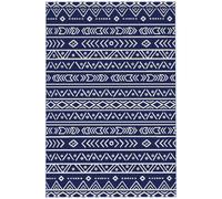 Outsunny Alfombra de Exterior Reversible 182x274 cm con Patrón Geométrico de Cenefa Impermeable con Bolsa Azul y Blanco